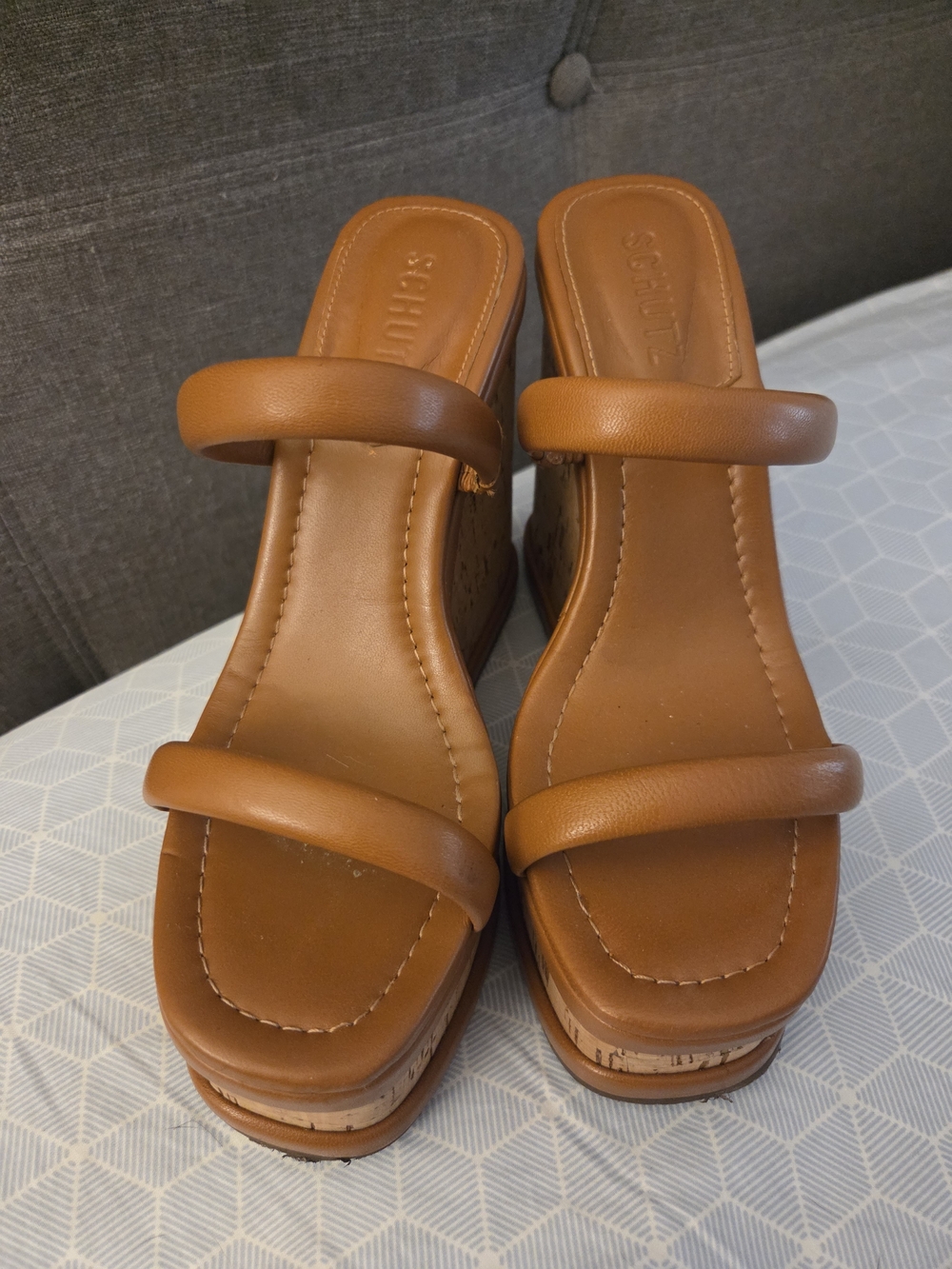 Schutz Tan Leather Dual-Strap Platform Sandals Size 6.5